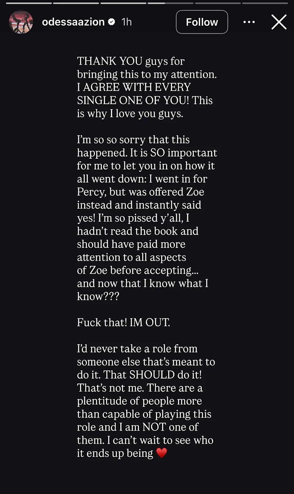 Odessa A’zion's Instagram Story