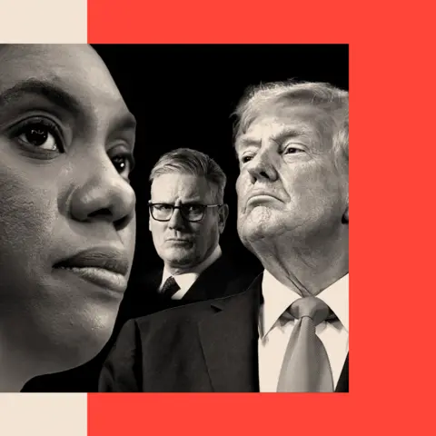 BBC A treated image of Kemi Badenoch, Keir Starmer and Donald Trump