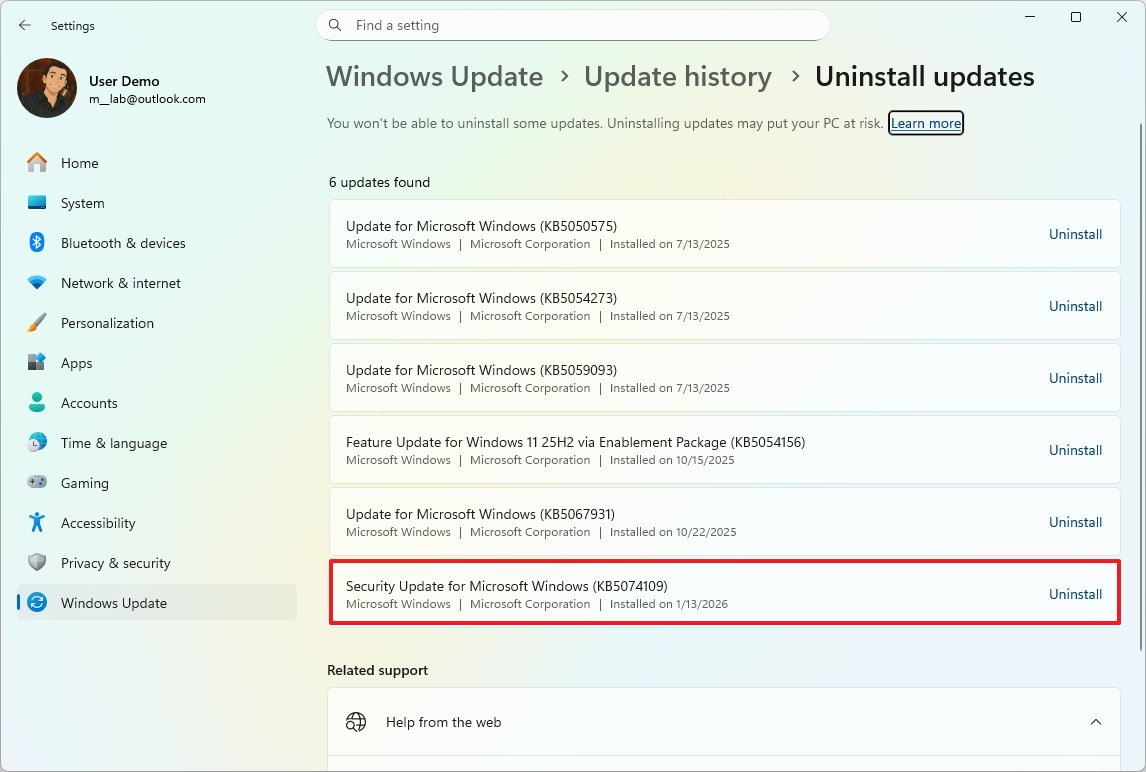 Windows 11 uninstall KB5074109