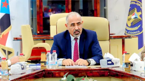 Reuters File photo showing Aidarous al-Zubaidi, the leader of Yemen's Southern Transitional Council (STC), chairing a meeting in Aden, Yemen (26 February 2025)