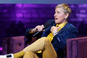 WASHINGTON, DC - NOVEMBER 15: Ellen DeGeneres speaks onstage during the Michelle Obama: The Light We Carry Tour at Warner Theatre on November 15, 2022 in Washington, DC. (Photo by Tasos Katopodis/Getty Images for Live Nation)