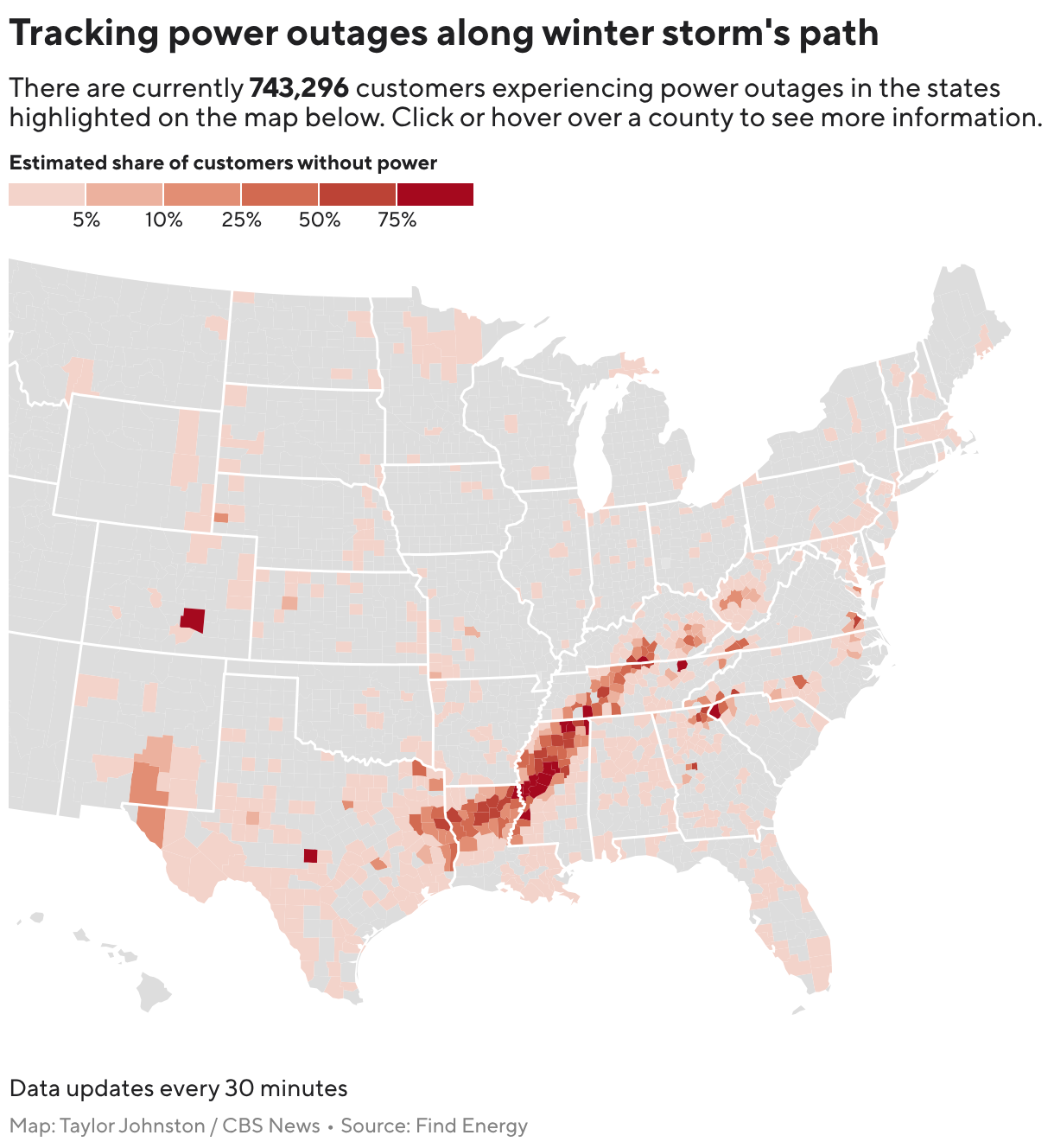 Tracking power outages along winter storm's path (Choropleth map)