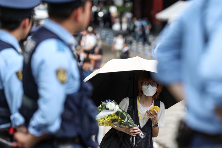 People visit Zojoji Temple for the memorial service marking the first death anniversary of Shinzo Abe.