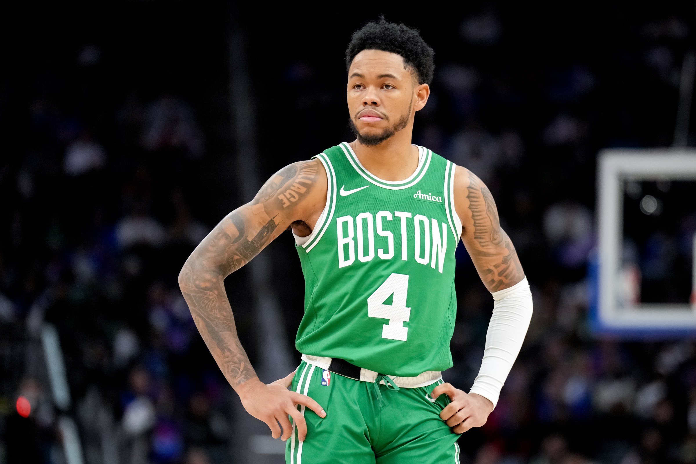 DETROIT, MICHIGAN - JANUARY 19: Anfernee Simons #4 of the Boston Celtics looks on against the Detroit Pistons at Little Caesars Arena on January 19, 2026 in Detroit, Michigan. NOTE TO USER: User expressly acknowledges and agrees that, by downloading and or using this photograph, User is consenting to the terms and conditions of the Getty Images License Agreement. (Photo by Nic Antaya/Getty Images)
