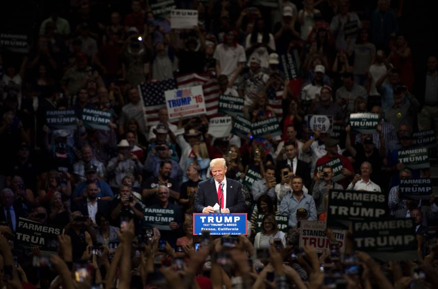 Donald Trump, then the Republican presidential candidate, speaks during a rally in Fresno, California in May 2016.