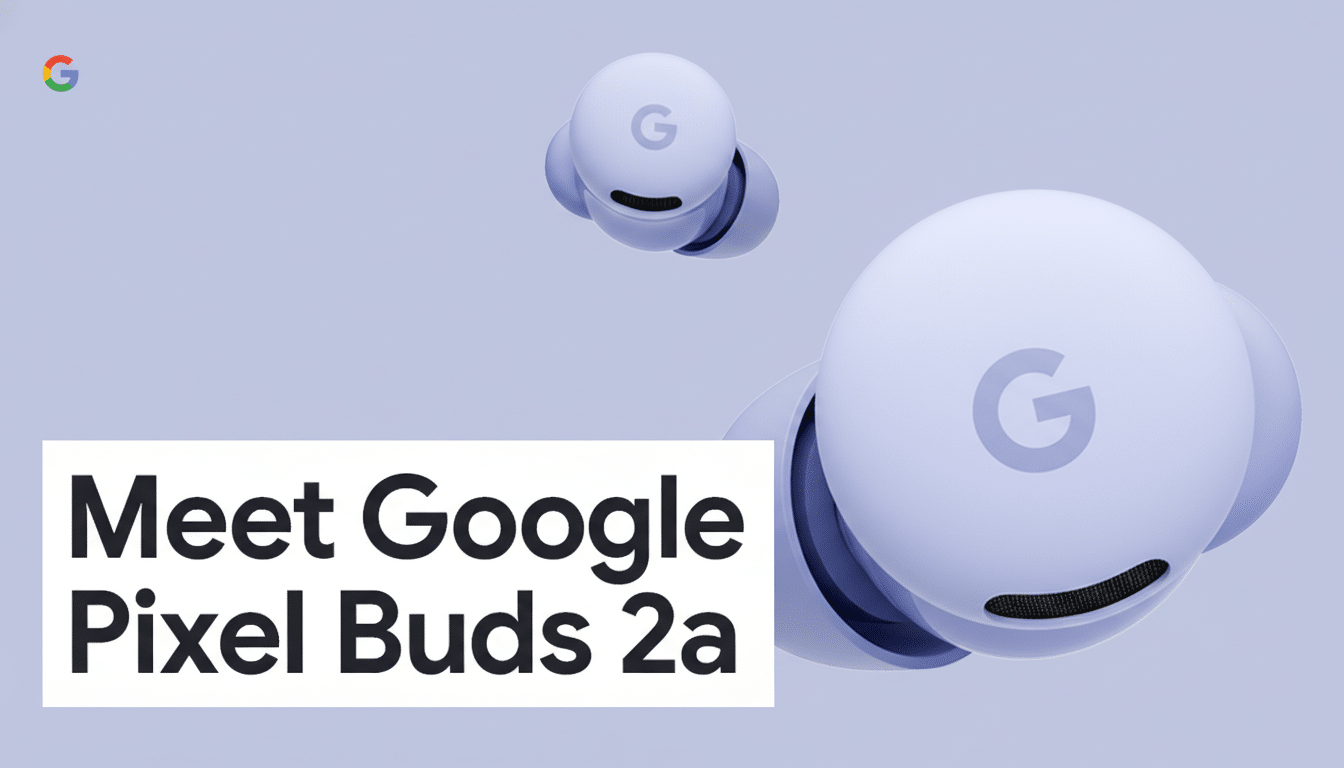 A 16:9 aspect ratio image featuring two light purple Google Pixel Buds 2a on a matching light purple background. The text Meet Google Pixel Buds 2a is prominently displayed in a white box in the lower left corner, and the Google G logo is in the upper left.