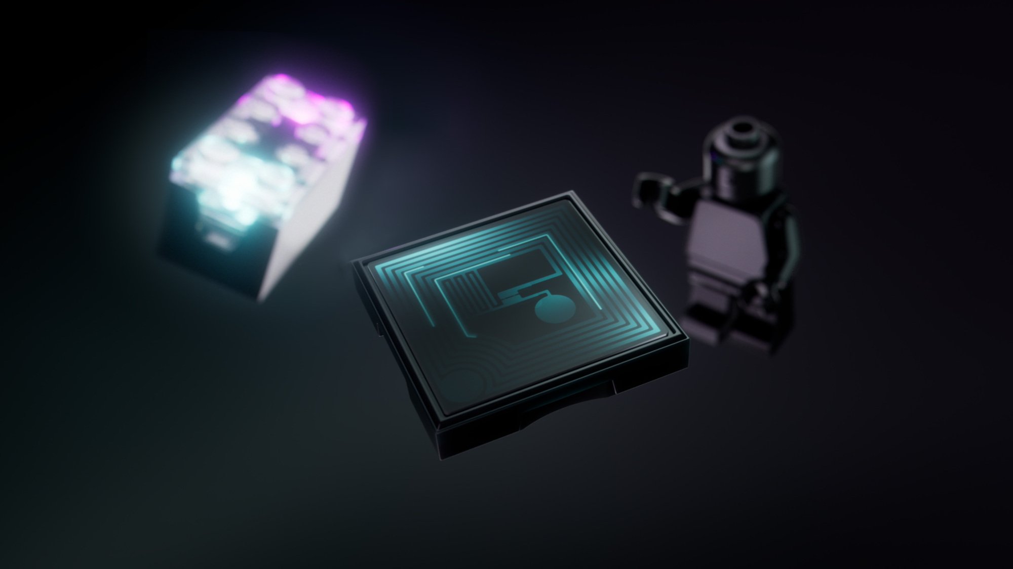 Lego brick and figure against a black background.