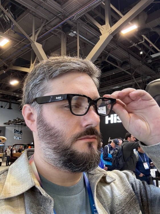 Testing the upcoming Rokid AI Smart Glasses at CES.