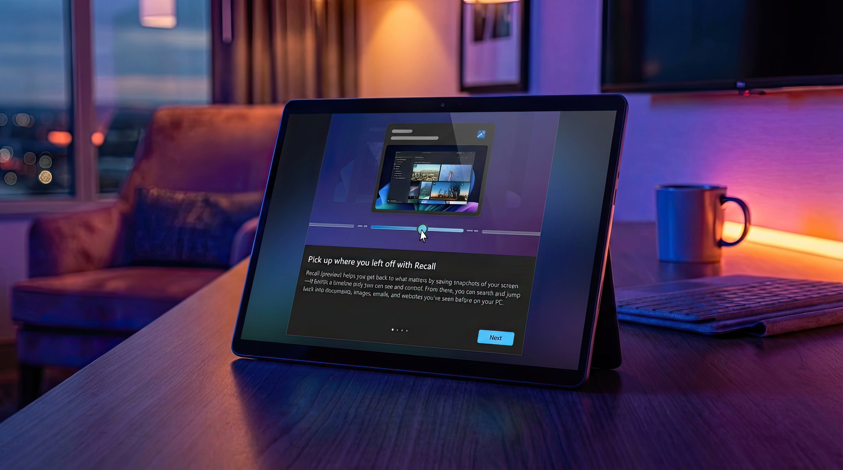 Microsoft Surface Pro 11 mockup with the Windows Recall setup screen