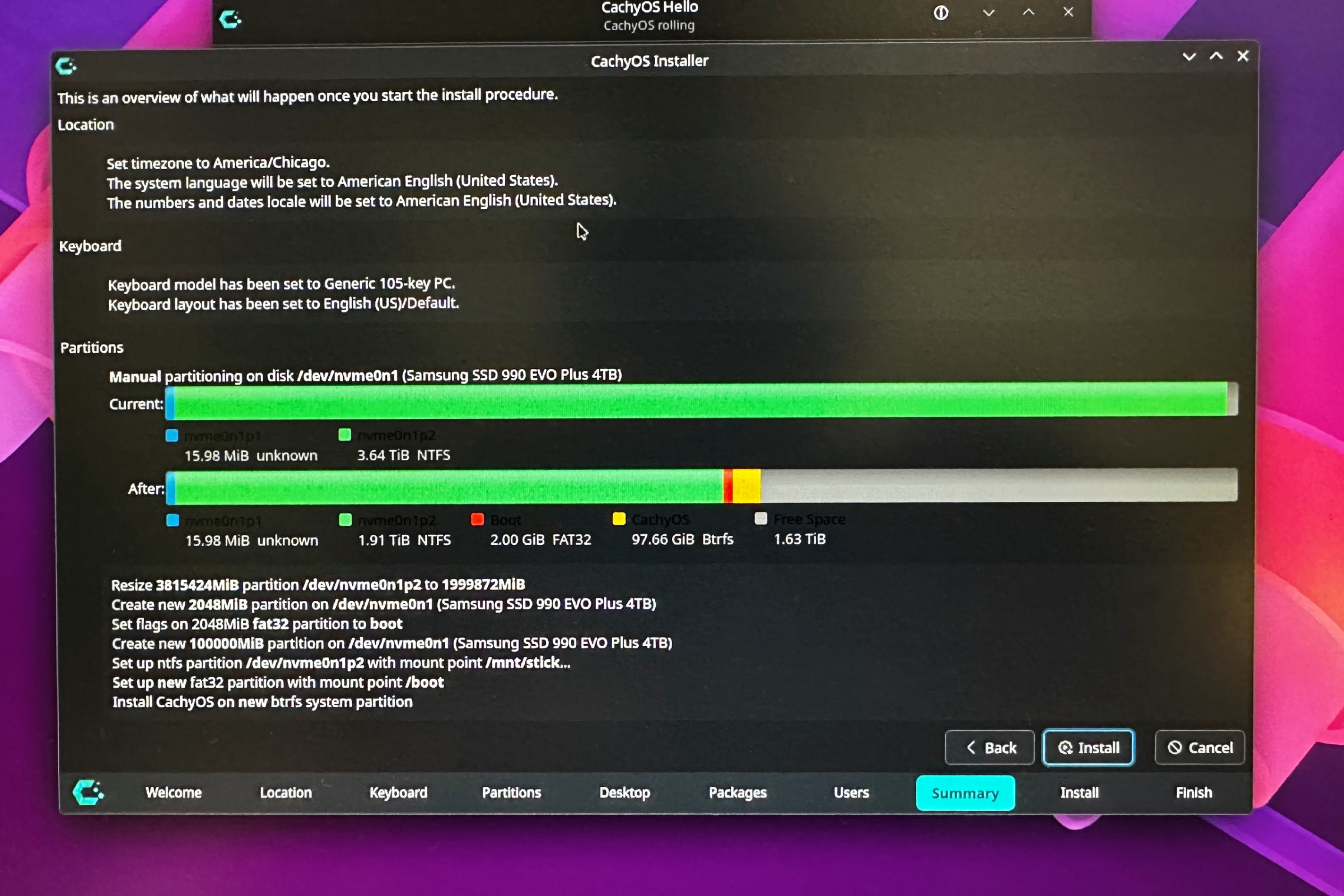 photo of a computer screen (SORRY) with a disk partition manager running. There’s a boot partition and a 100GB root partition and a big old grey empty space on one drive