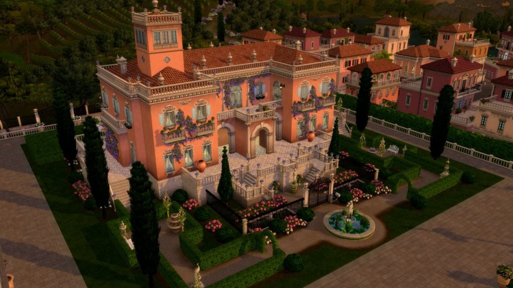 A vibrant Mediterranean-style mansion with terracotta walls, ivy-covered balconies, and formal gardens sits among colorful hillside villas.