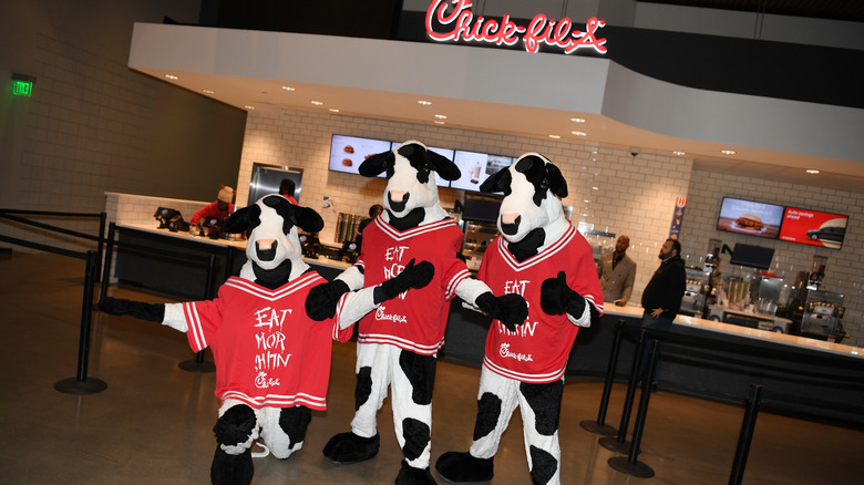 Chick-Fil-A cow mascots attending an event