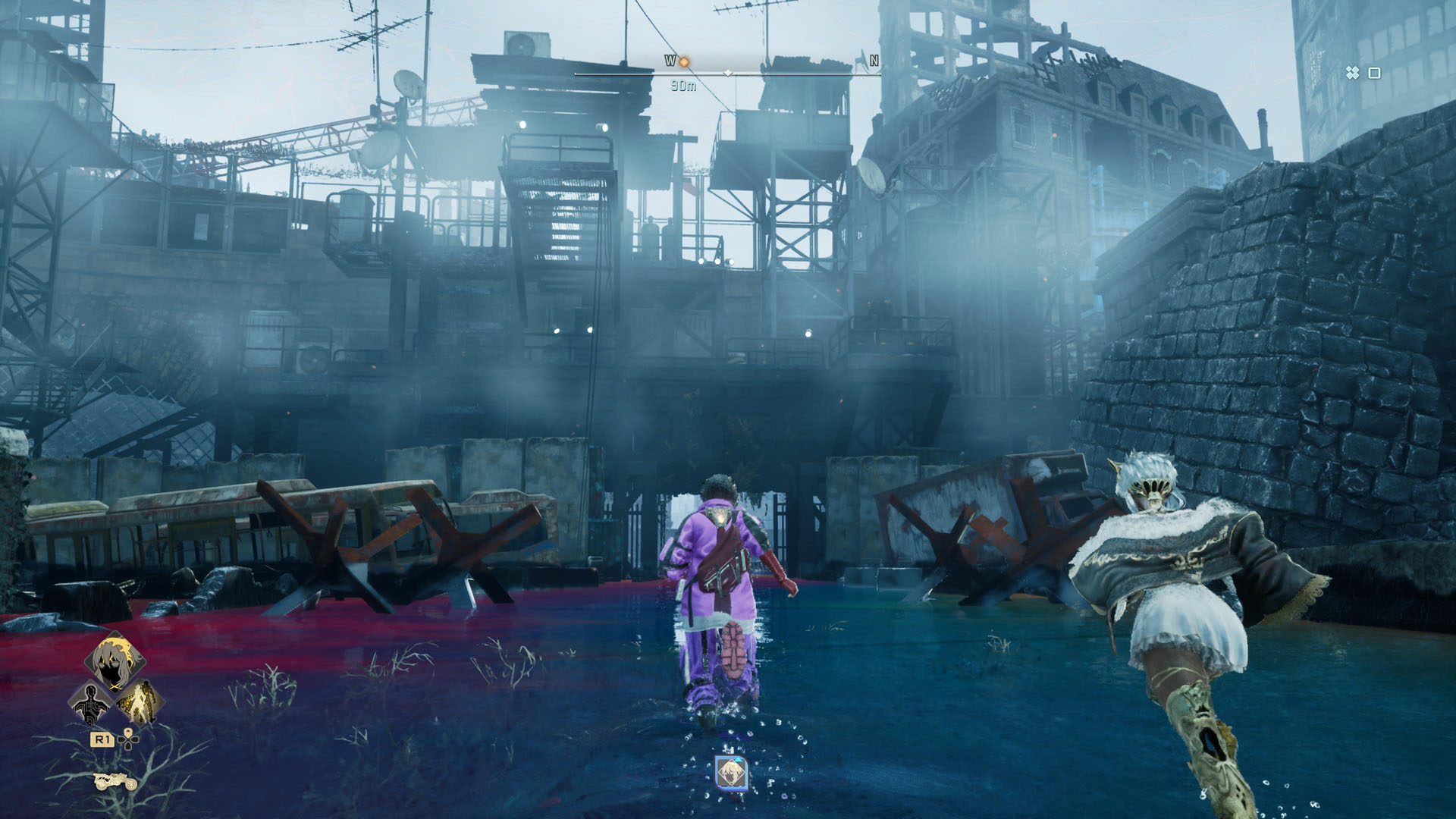 The player and their companion jogs towards an industrial area in Code Vein 2