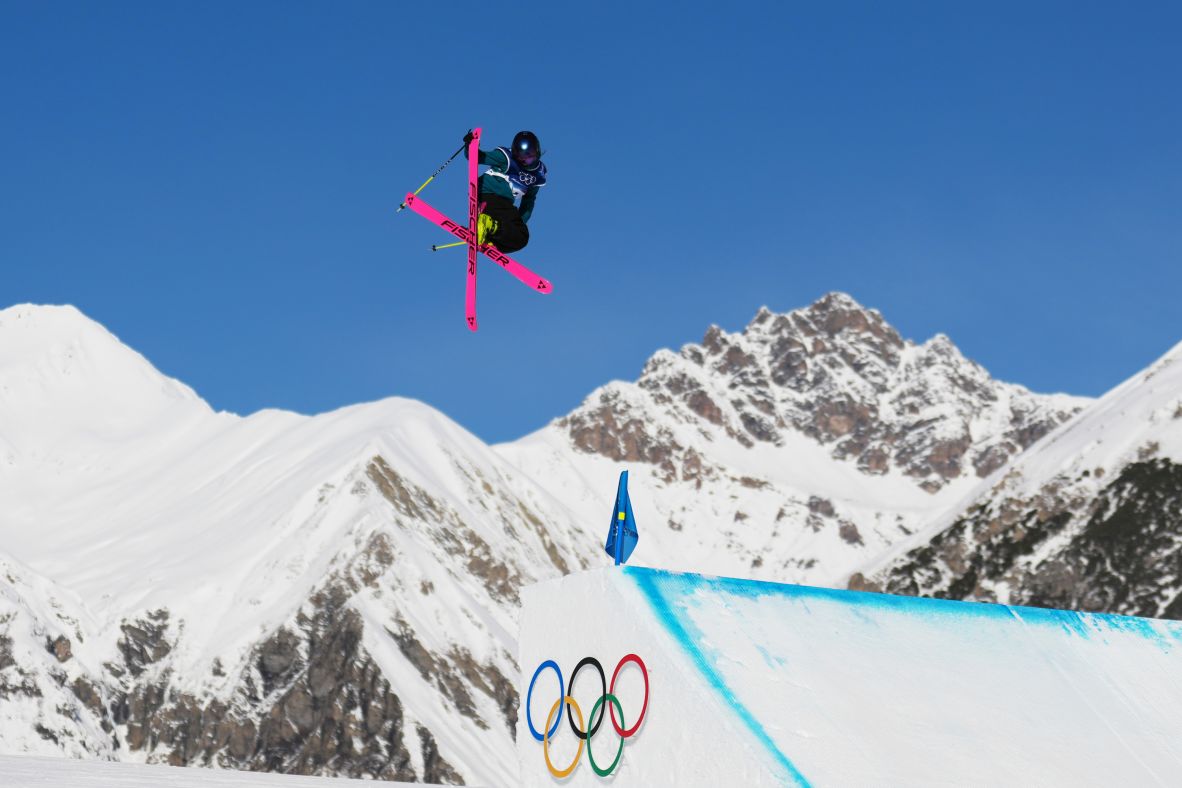 Swiss freestyle skier Mathilde Gremaud competes in slopestyle qualifications on February 7.
