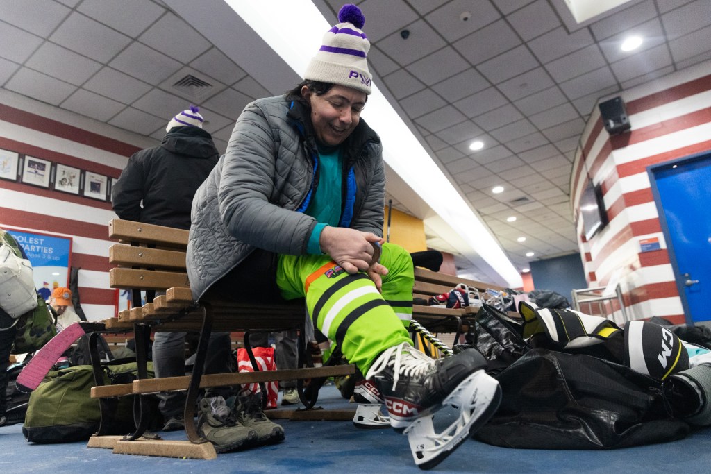 Nozlee Samadzadeh laces up for a Pride Hockey Alliance game at Chelsea Piers,