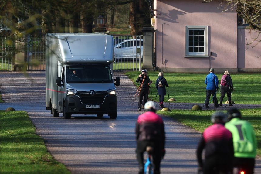 A removals van leaves the gates of Royal Lodge in Windsor Great Park, the former home of Andrew Mountbatten-Windsor, following his move to the Sandringham Estate on February 4.