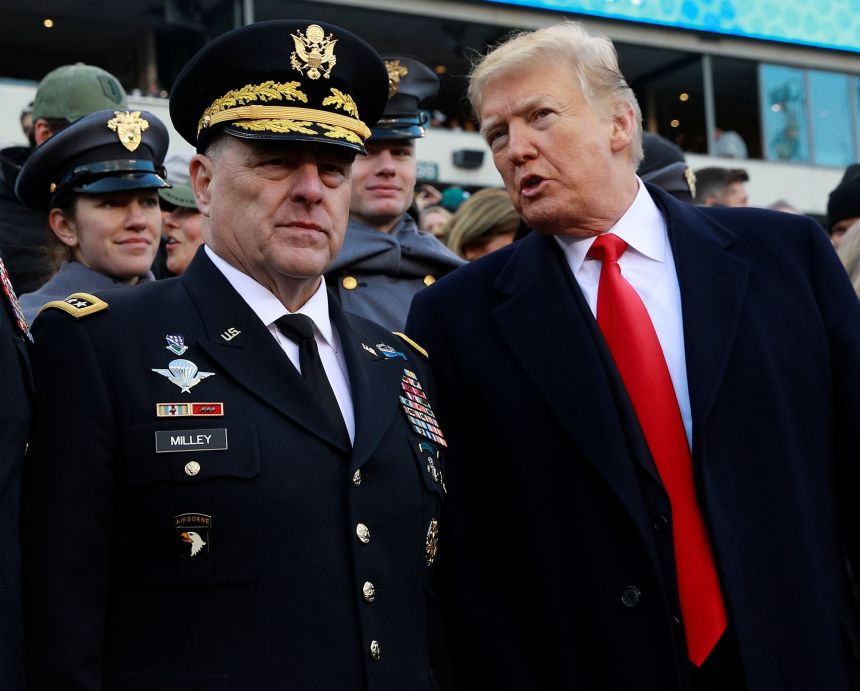 President Donald Trump and Gen. Mark Milley, Chief of Staff of the United States Army, speak at the 119th Army-Navy football game at Lincoln Financial Field in Philadelphia, Pennsylvania, on December 8, 2018.