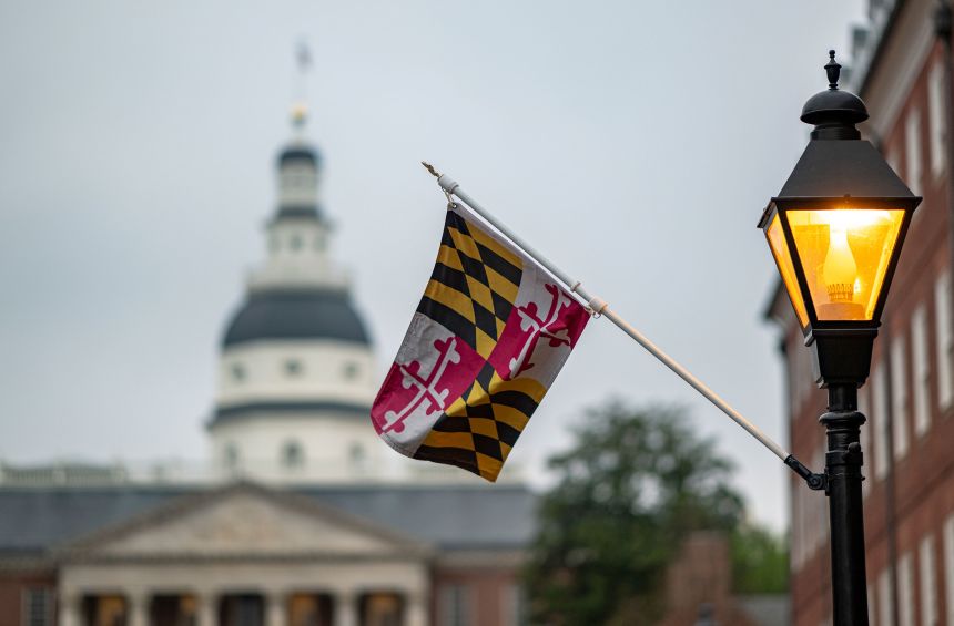 The Maryland flag is seen in Annapolis, Maryland, on April 7, 2025.