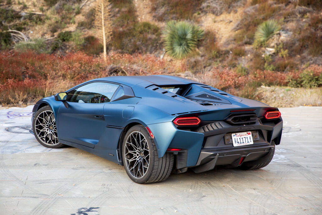 A blue Lamborghini Temerario rear 3/4