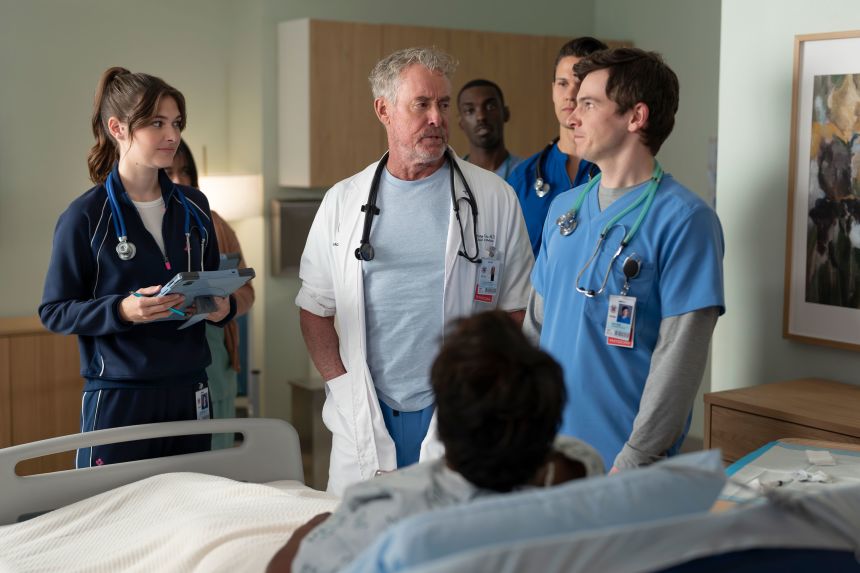 John C. McGinley (center, as Dr. Cox), pictured with Dunn and Dudman, said his character's exhaustion felt very 