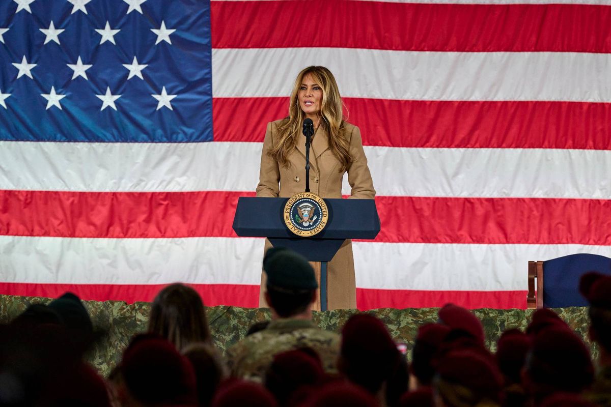 First Lady Melania Trump speaks to the troops in Fort Bragg, N.C., Friday, Feb. 13, 2026.
