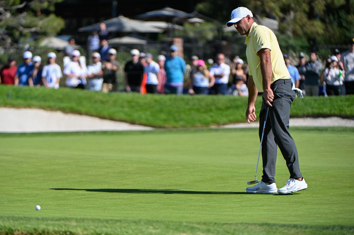 Brooks Koepka (USA) reacts to barely missing his birdie putt on 18 during the final round of the Farmers Insurance Open on February 1, 2026, at Torrey Pines Golf Course, La Jolla, California.