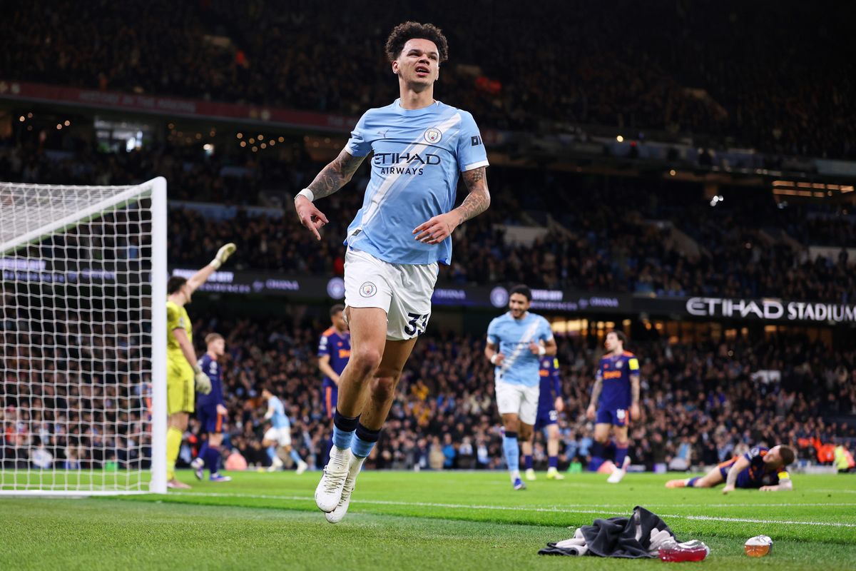 Nico O'Reilly of Manchester City celebrates scoring his team's second goal during the Premier League match between Manchester City and Newcastle United at Etihad Stadium