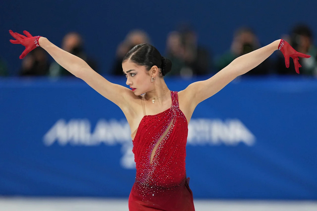 Adeliia Petrosian of Individual Neutral Athletes competes during the women's figure skating free program at the 2026 Winter Olympics, in Milan, Italy, Thursday, Feb. 19, 2026. (AP Photo/Stephanie Scarbrough)