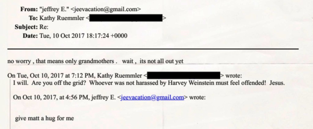 Screenshot of an email exchange dated October 10, 2017, between Jeffrey Epstein and Kathy Ruemmler. In the thread, Ruemmler writes, “Whoever was not harassed by Harvey Weinstein must feel offended! Jesus,” followed by Epstein’s reply beneath it.