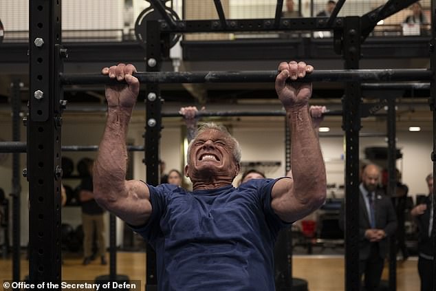 RFK Jr eats this diet alongside working out four times a week. He is shown above during a gym session in August last year