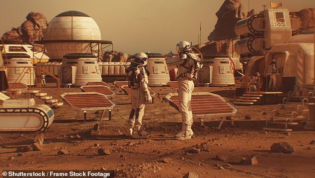 Gravity on Mars is about one-third that of Earth, which could lead to lower bone density for people born there. A rendering of a Martian base is pictured