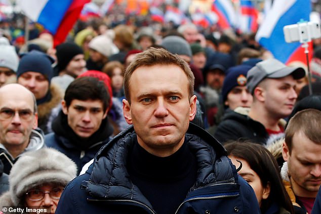 Navalny takes part in a march at Strastnoy Boulevard in memory of Russian politician and opposition leader Boris Nemtsov in 2019
