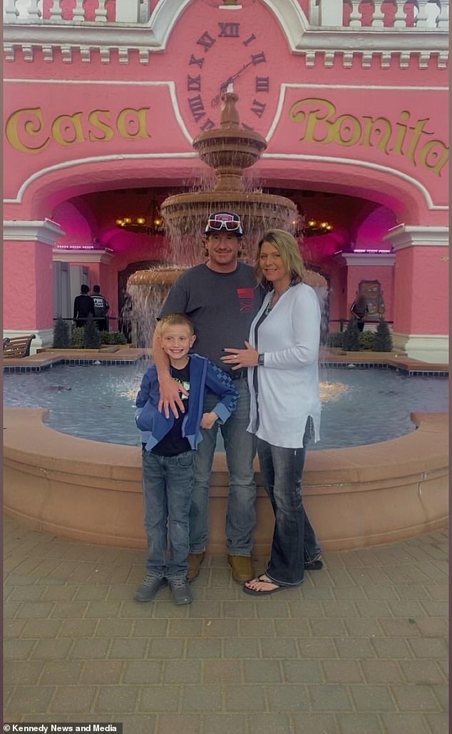 Mullins with her son and husband. She likely has permanent lung damage now and has struggled to get back to her once active lifestyle