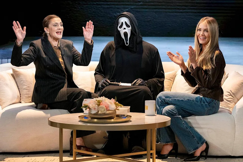 Drew Barrymore with Ghostface and Michelle Randolph on 'The Drew Barrymore Show' on Feb. 2, 2026  Mary Kouw/CMV 
