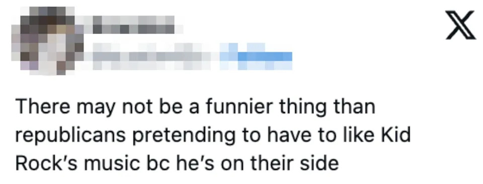 A tweet by a user named Brandon joking about Republicans pretending to like Kid Rock's music because of political alignment