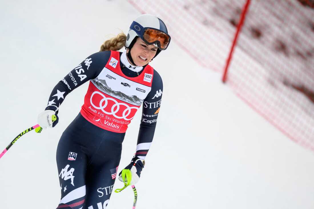 Lindsey Vonn grimaces after crashing in a women's downhill race in Switzerland on Friday.