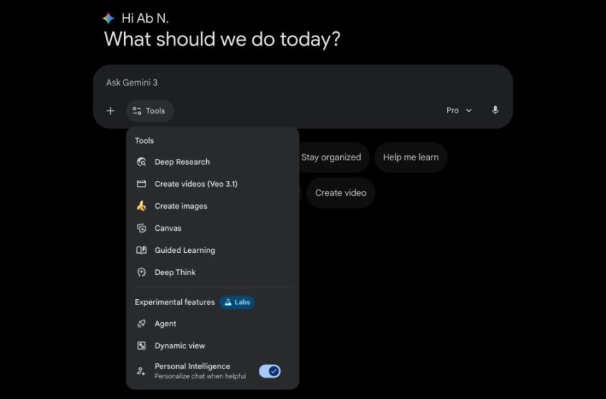  Gemini Tools menu adds Labs section, Personal Intelligence toggle
