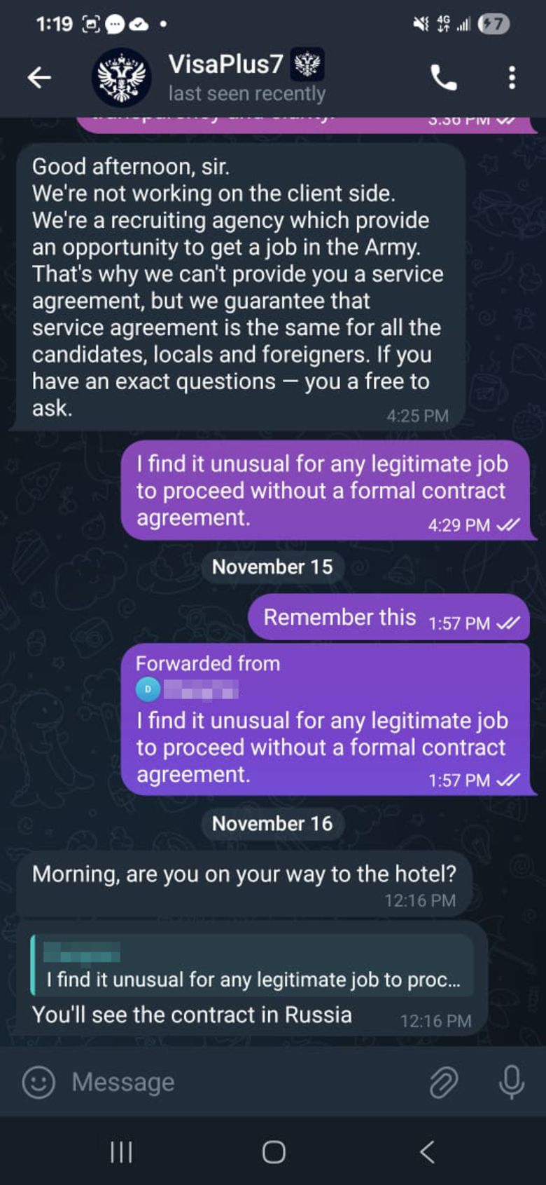 A screenshot of a social media message between an agent and a potential recruit in Africa.