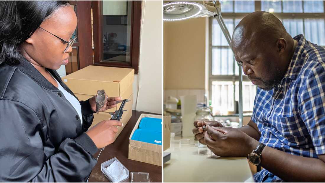 Left: Boitshepo Motsodisa is pursuing her Ph.D. in paleontology at the University of Pretoria. Of Kgasi, her mentor, she says, “I think if he can do it, then no matter the odds, that means that I can have a successful career in this field.” Right: Kgasi examines a fossil in his lab