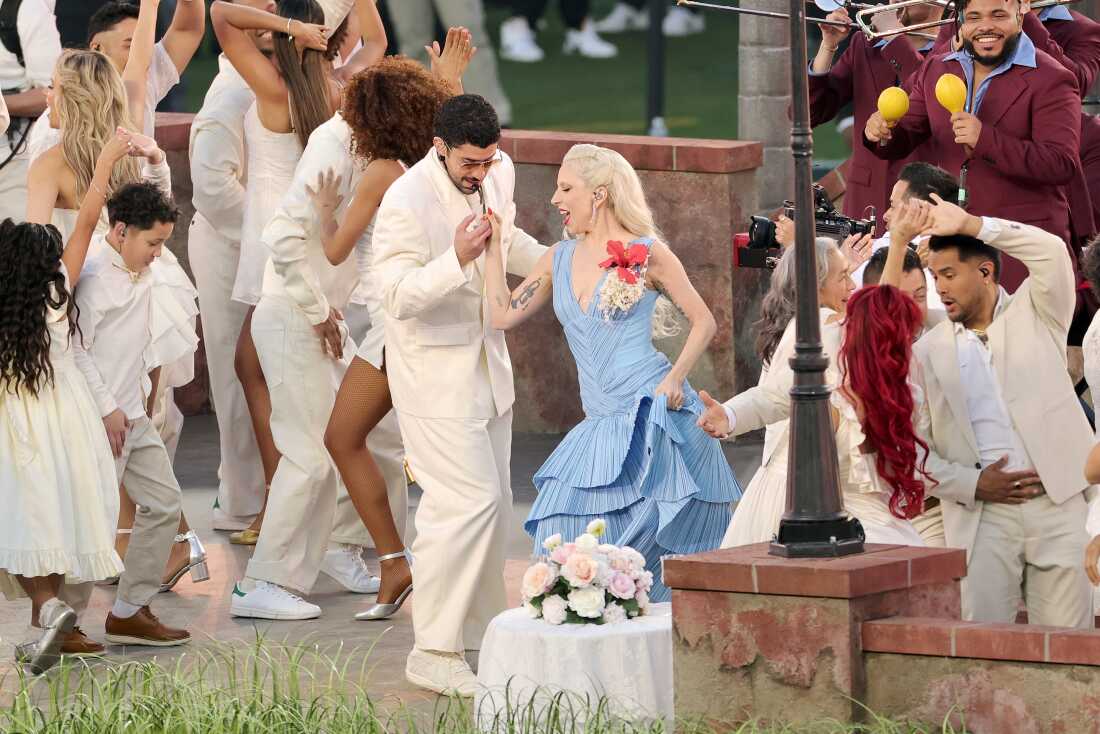 One of the guests in the halftime show was Lady Gaga, who played the role of wedding singer, singing a salsa version of her hit "Die With a Smile."