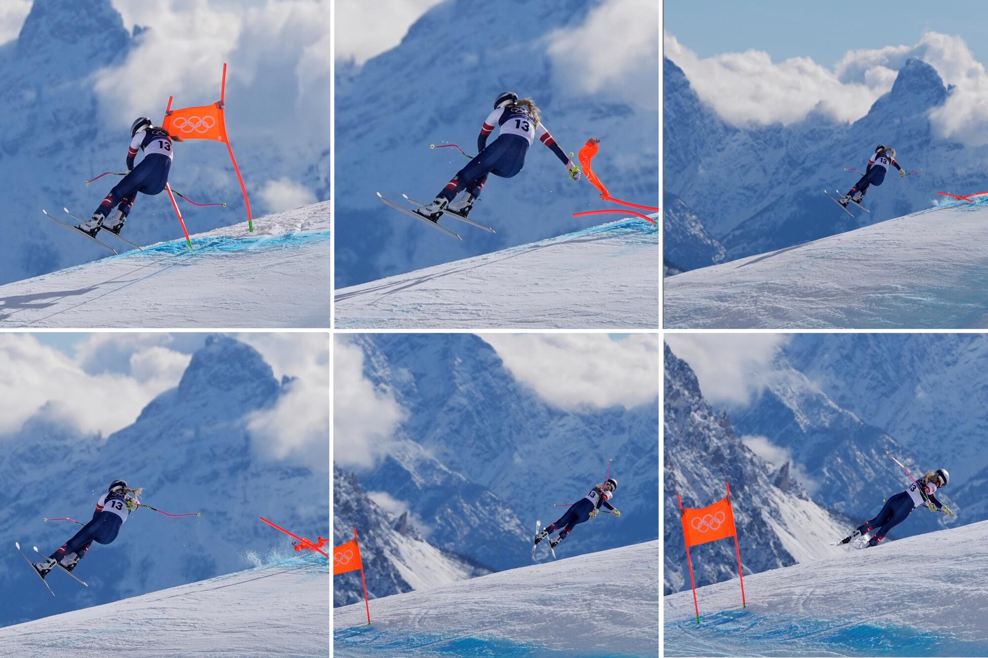 This combination of images shows American Lindsey Vonn crashing during an alpine ski women's downhill race.