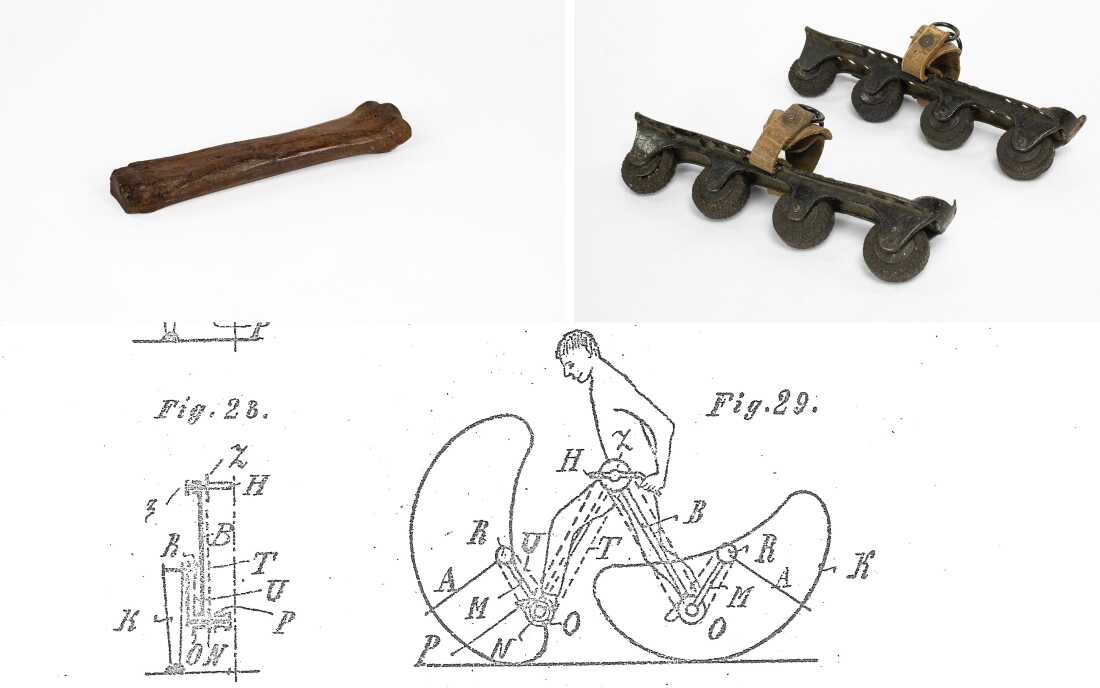 A 16th-century bone skate, 19th-century in-line roller skates and a drawing of a patent for metal rocking-shoes from the early 20th century.