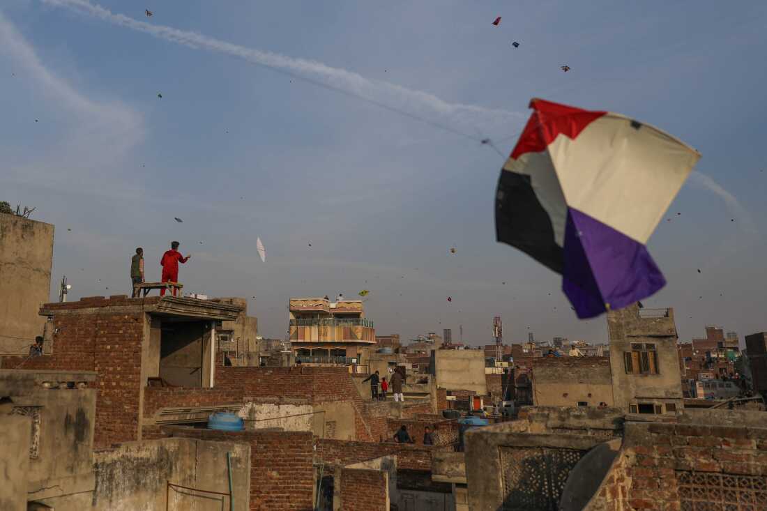 Kites dot the sky as people gather on rooftops in Lahore's Old City to fly kites during Basant. The buildings are made of brick and concrete. There is a large red, white, black and purple kite close to the camera while the people flying kites are further away.