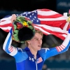 Gold medallist Jordan Stolz of the U.S. celebrates after the men's 1,000 meters speedskating race at the 2026 Winter Olympics, in Milan, Italy, Wednesday, Feb. 11, 2026.