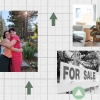 Three photos are arranged against the backdrop of a grid. On the left is a photo of Tammy Kremer (left side of the frame) and Hayley Currier, two friends who are hugging each other while standing outdoors. A top right is a photo of many cardboard boxes stacked and scattered inside a home that looks like it's being moved into. At bottom right is a black-and-white photo of a house with a "For Sale" sign in front of it.