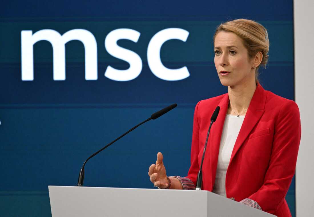 European Union High Representative for Foreign Affairs and Security Policy Kaja Kallas gives a speech at the 62nd Munich Security Conference on Feb. 15.