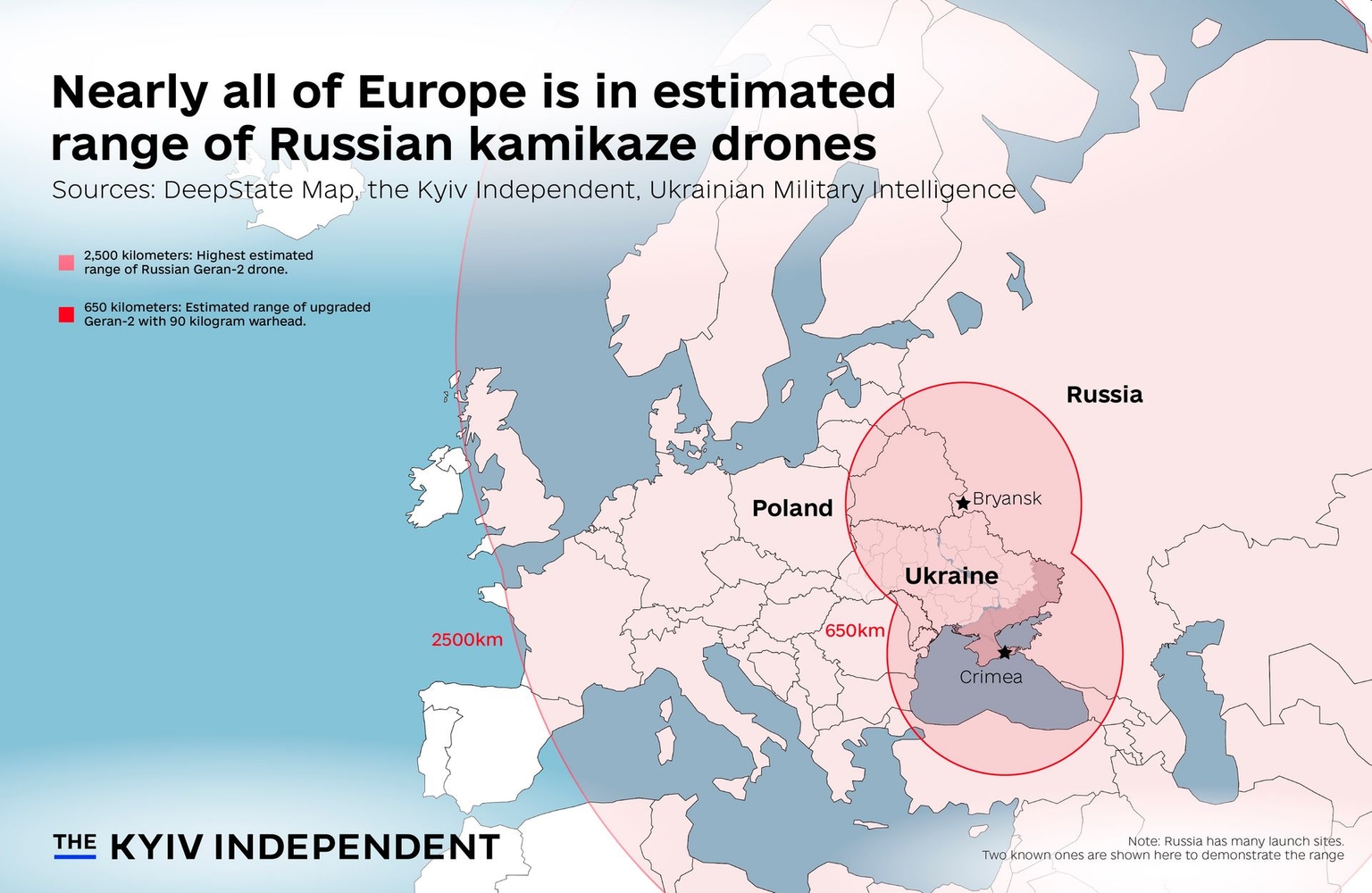 The estimated upper range of Russian Geran-2 drones puts almost all of Europe within range. 
