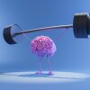 This illustration shows a pink human brain with stick legs and stick arms. The pink stick arms are holding up a black barbell with black disk-shaped weights on each end. The background is light blue.