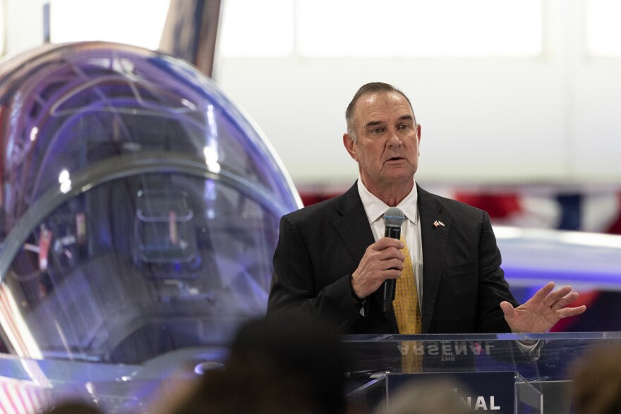 Missouri Gov. Mike Kehoe speaks to a crowd of Boeing employees to announce the arrival of Secretary of War Pete Hegseth. “When the secretary arrived,” Kehoe said, “I told him, welcome to Fighterland, U.S.A.”