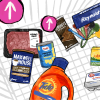 An illustration of grocery items in a shopping cart, with upward- and downward-pointing arrows above certain items.